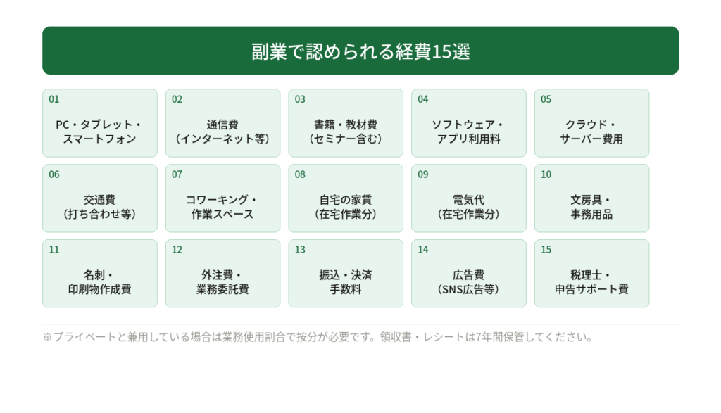 副業で認められる経費15選の一覧図