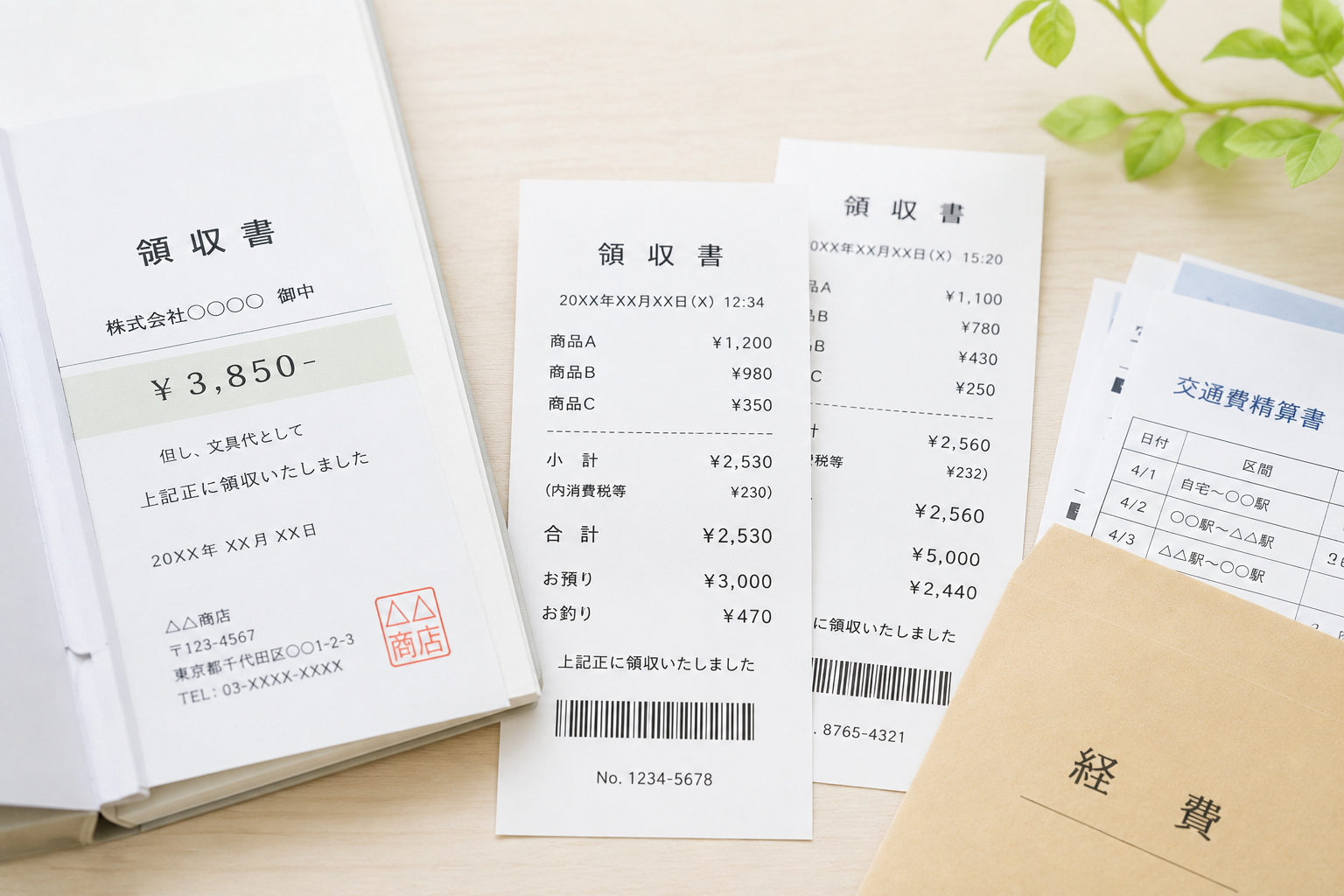 領収書・レシートと経費の封筒の写真。副業の経費に関する記事のアイキャッチ画像